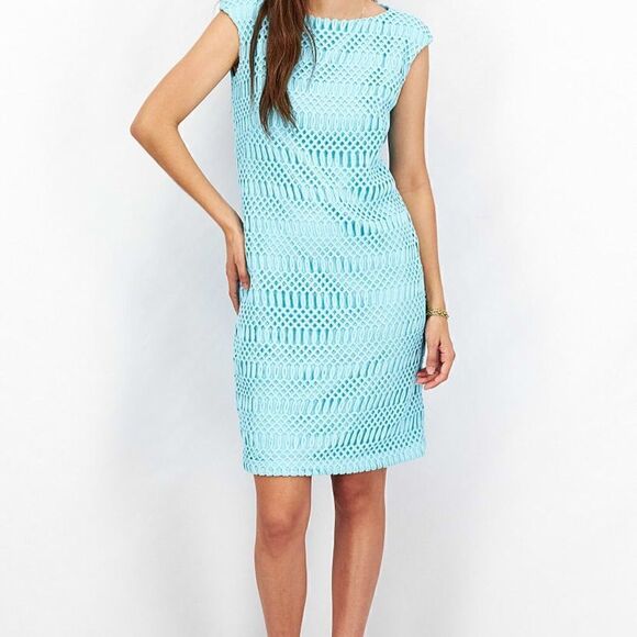 Ralph Lauren Black label Latice Crocheted Aqua Blue Shift Dress Sz 6 P Host Pick - Picture 1 of 10